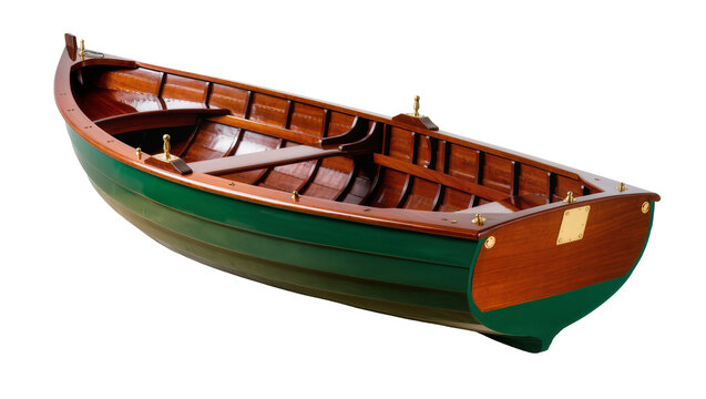 Isolated classic wooden rowboat with polished interior and green hull, handmade traditional boat design.