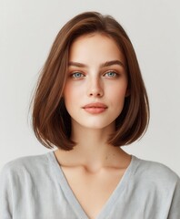 Fototapeta premium Beautiful young woman with blue eyes and freckles, soft smile, and bob haircut