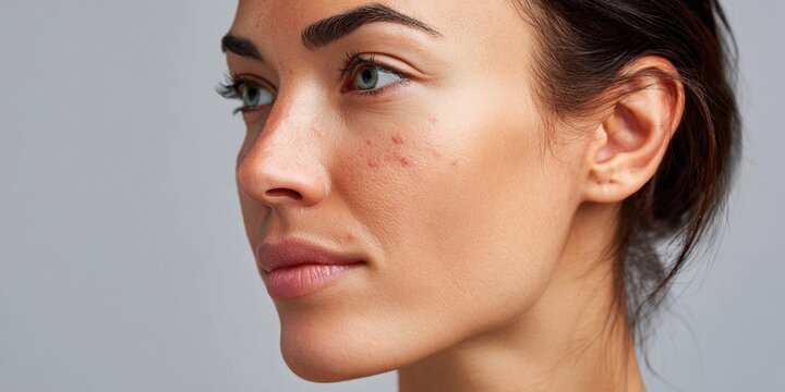 Close-up profile of a young woman's face showing skin imperfections and texture