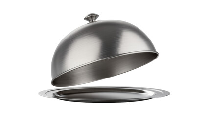 Isolated metal cloche or food cover lifted above an empty silver serving platter © Maria