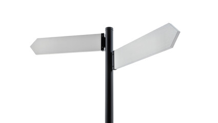 Isolated blank directional signpost with two empty arrows showing a choice of paths © Maria