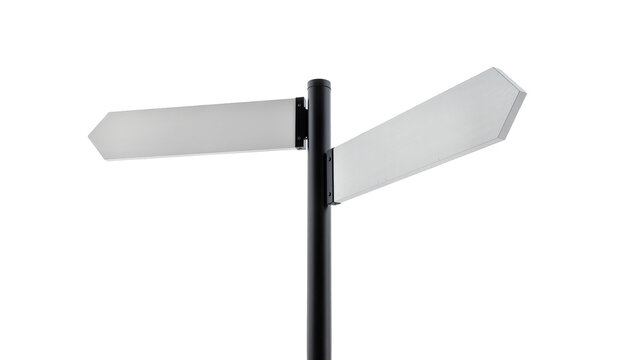 Isolated blank directional signpost with two empty arrows showing a choice of paths