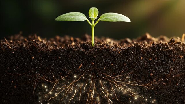 Close-up of a young plant seedling growing from rich soil with visible roots.