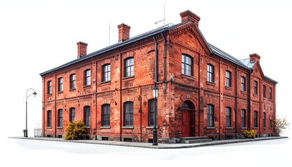 Fototapeta premium A red brick, two-story building with multiple windows and a red door. A street lamp and sparse foliage flank the structure