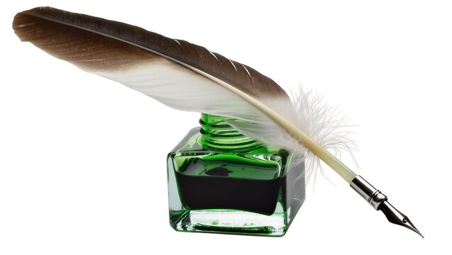 Isolated classic writing set with antique quill feather pen and green glass inkwell