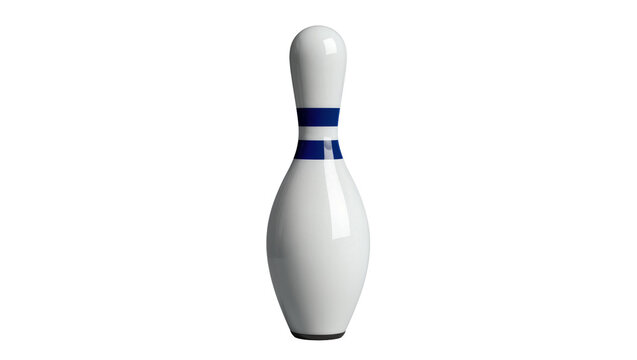 Isolated traditional white and blue striped bowling pin for a fun sports game activity