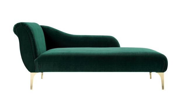 Isolated elegant modern emerald green velvet chaise lounge with golden metal legs