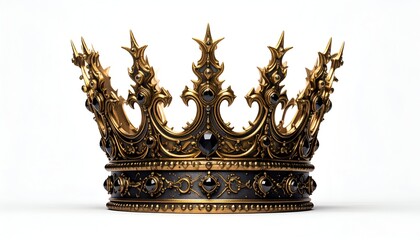 Fototapeta premium A regal, intricately designed crown with gold detailing and dark embellishments, set against a pristine white backdrop. It's a symbol of royalty