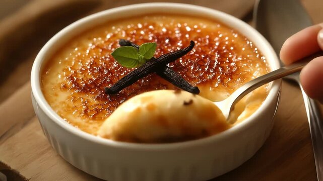 Close up of creme brulee dessert with spoon and vanilla bean