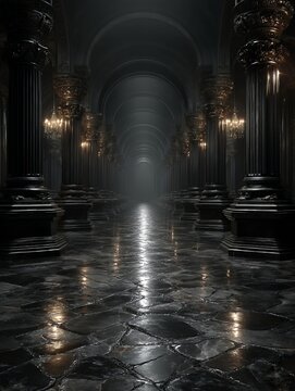endless corridor of dark stone pillars leads into the distance