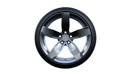 Obraz premium Isolated modern car wheel and tire with sleek dark alloy rim and detailed rubber tread
