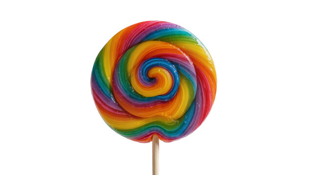 Isolated multi-colored spiral rainbow lollipop candy on a stick, a vibrant sweet confectionary treat.