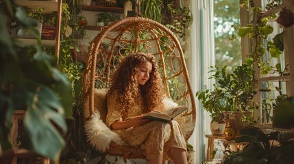 Obraz premium Ukrainian Woman Relaxing in Brass Nest Swing Reading Book Surrounded by Lush Tropical Plants and Flowers Golden Hour Lighting Bohemian Decor