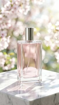 Elegant perfume bottle on marble pedestal captured from a close-up viewpoint in a sunlit garden setting