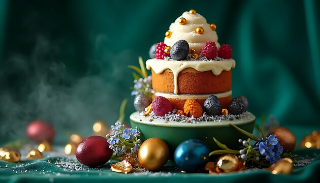 An Easter card in bright, saturated colors. In the center is a tall Easter cake with a cap of white icing, decorated with candied fruit and edible gold balls.