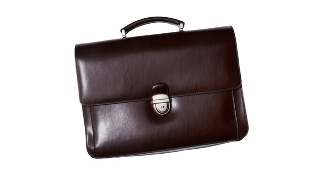 Isolated stylish dark brown leather business briefcase with shiny metal clasp