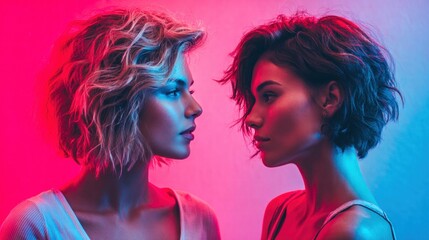 Obraz premium Two stylish women are illuminated by neon lights, creating a stunning portrait with beautiful colors.