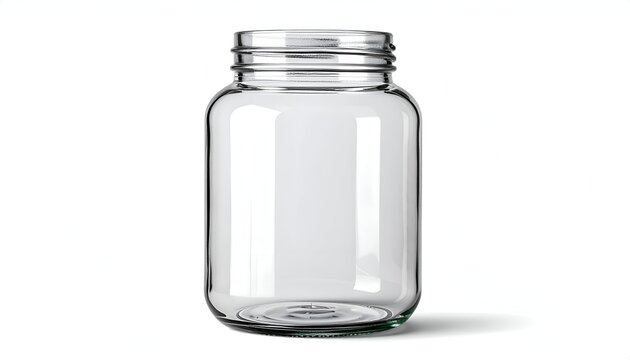 A simple, transparent glass jar with a metallic screw-on lid stands against a stark white backdrop, casting a subtle shadow