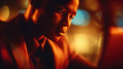 Naklejka premium Close-up portrait of a man in a suit illuminated by warm, dramatic lighting