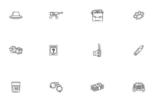 Set of gangster and mafia crime line icons featuring underworld symbols such as weapons, money, gambling, and vintage noir elements isolated on white background