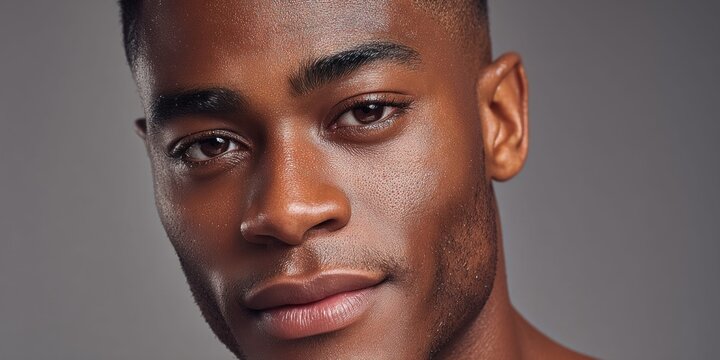 Close-up portrait of a young Black man with clear, glowing skin and a subtle smile