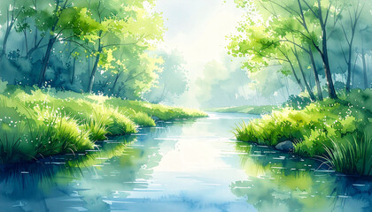 Obraz premium A minimal watercolor illustration of a clear stream flowing through fresh May greenery. Soft transparent layers in pale green and blue with gentle light reflections on water.