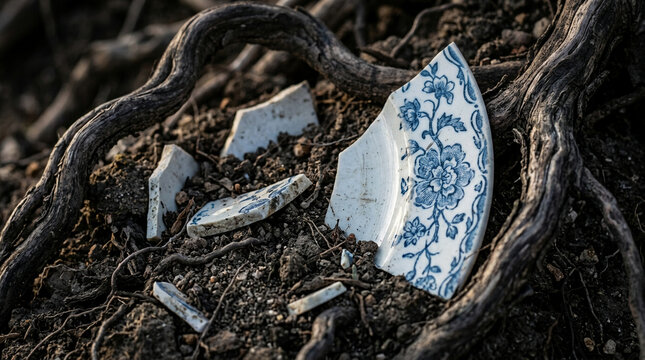Domestic Fracture - Macro view of jagged unlabelled ceramic shards with faded blue floral pattern in dark soil with dead roots (Archaeology, Artifact, Decay, Anthropocene, History)