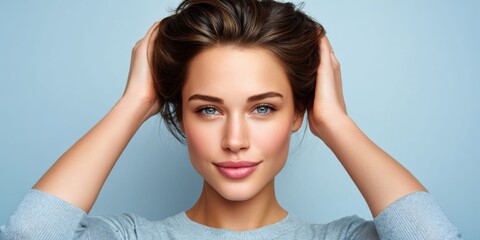 Obraz premium Beautiful young woman with blue eyes and perfect skin touching her hair