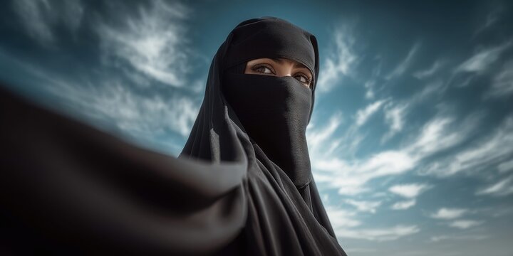 Woman wearing a black niqab, looking directly at the camera with intense eyes
