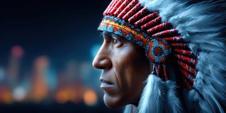 Close-up profile of a Native American man wearing a traditional feathered headdress with intricate beadwork