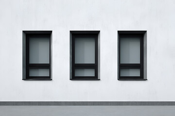 Obraz premium A stark white wall features three identical rectangular windows with dark frames. A gray strip sits beneath the wall