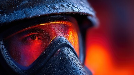 Fototapeta premium Close-up of a person wearing a dark helmet with water droplets and glowing orange visor