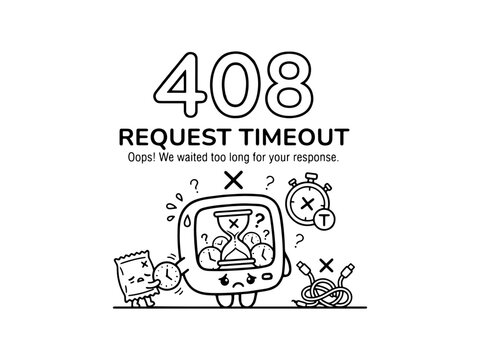 A creative line art illustration for a 408 Request Timeout error page featuring a sad computer character and timing symbols.