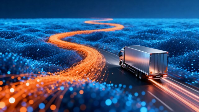Truck Navigating Digital Landscape with Light Trails