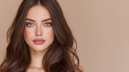 Fototapeta premium Beautiful young woman with long wavy brown hair and striking blue eyes, soft makeup