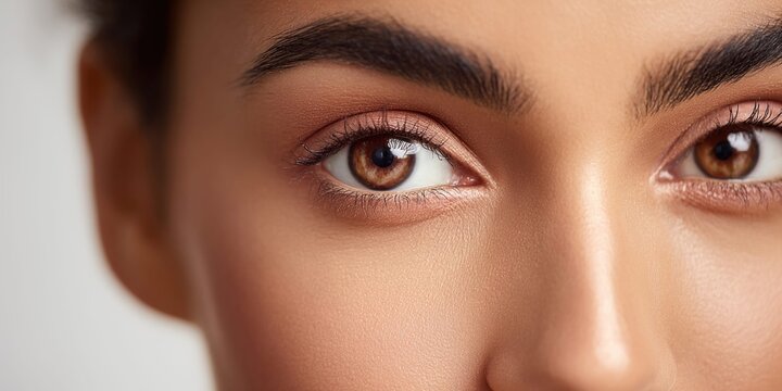 Close-up of a beautiful brown eye with natural makeup and perfectly shaped eyebrows