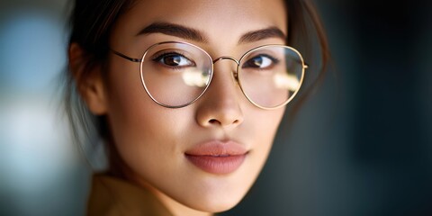 Fototapeta premium Close-up portrait of a young Asian woman wearing stylish round glasses and looking thoughtfully