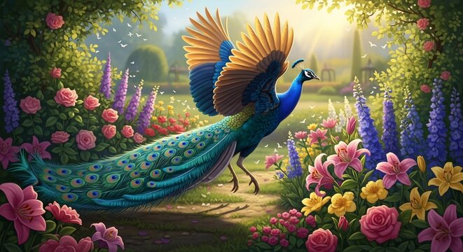 Peacock displaying feathers garden