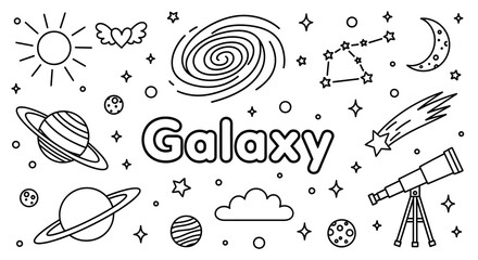 A colorful illustration of Galaxy with planets, stars, and a telescope in space. © Hussnain