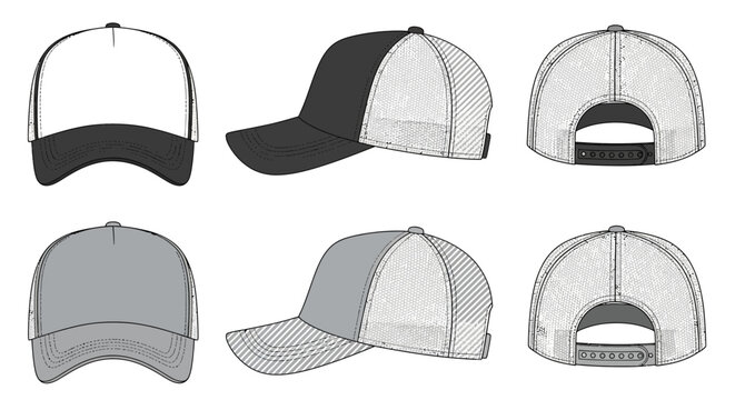 Detailed views of six baseball caps in various colors and angles showcase design
