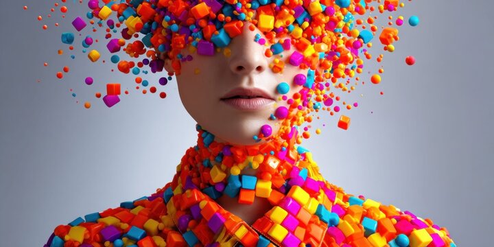 Abstract portrait of a person covered in colorful geometric shapes and spheres