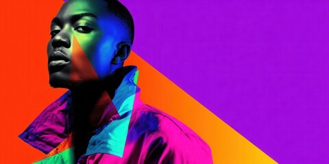 Fototapeta premium Vibrant portrait of a young Black man with geometric color overlays and dramatic lighting