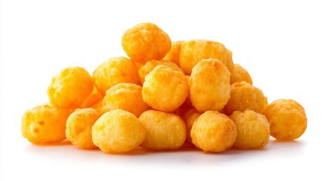 Pile of crunchy corn puffs on white background. Artificial intelligence image