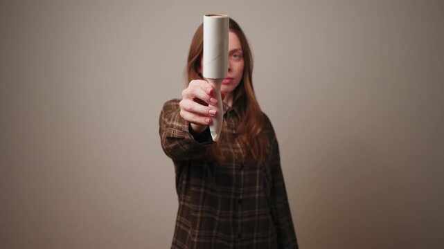 Creative shot of lint roller moving toward and away from camera in hand.