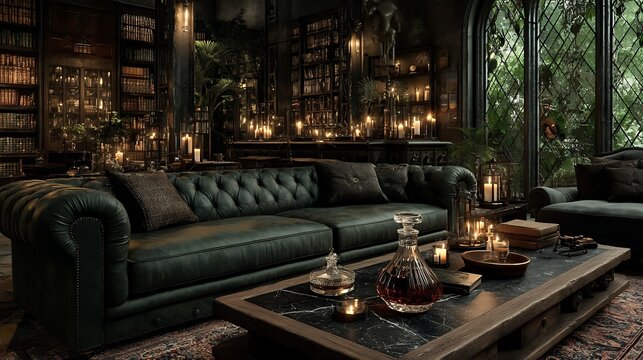 opulent lounge features velvet settee beside heritage vault