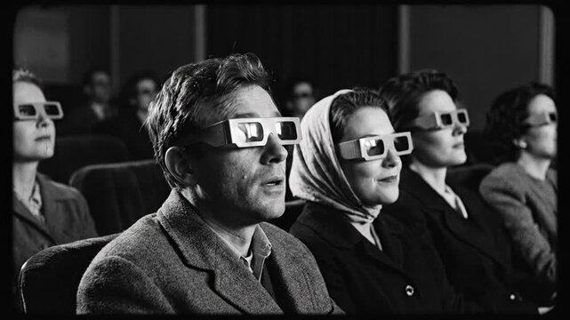 Vintage black and white scene of a captivated audience wearing classic cardboard 3D glasses watching a thrilling retro movie inside an old classic cinema theater during the mid twentieth century