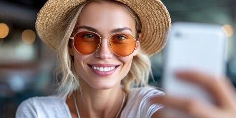 Fototapeta premium Smiling woman with straw hat and orange sunglasses taking a selfie with her phone