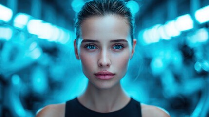 Obraz premium A beautiful woman with captivating blue eyes, bathed in cool cyan light.