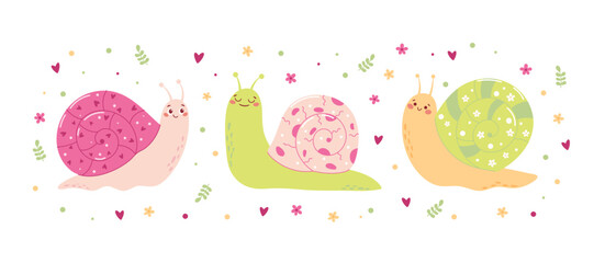 Cute vector set of snails with colorful patterned shells, hearts, dots, flowers. Summer snail characters isolated on white background © OlenaVeres