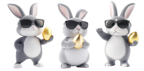 Set of gray Easter bunny wearing black sunglasses, holding golden egg isolated on white transparent background © boule1301